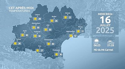 Meteo en Occitanie du Mercredi 16 juillet 2025 à 07 heures