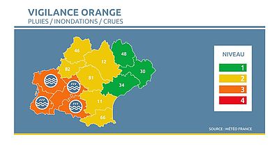 Météo : Vigilance orange pluie, inondations et crue dans 4 départements d'Occitanie